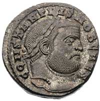 Konstancjusz I 293-306, follis, Aw: Popiersie w wieńcu w prawo i napis, Rw: Stojąca Moneta z wagą ..