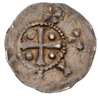 Dolna Lotaryngia- Tiel, Henryk II 1002-1024, denar, Aw: Ukoronowana głowa na wprost i napis HEINRI..