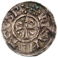 Ratyzbona, król Henryk II 1002-1024, denar (1002-1009), Aw: Krzyż równoramienny,w polach kliny, ku..