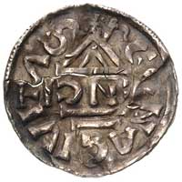 Ratyzbona, król Henryk II 1002-1024, denar (1002-1009), Aw: Krzyż równoramienny,w polach kliny, ku..