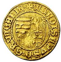 goldgulden, Hermannstadt (węg. Nagyszeben) 1441 r, Aw: Tarcza herbowa węgiersko-polsko-litewska i ..