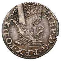 trojak 1585, Ryga, lilijki po bokach III, Kruggel 61, moneta wybita uszkodzonym stemplem, patyna