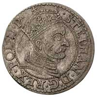 grosz 1579, Gdańsk, w polu za głową króla mała wada blachy, patyna