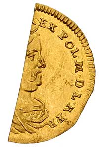dukat 1676, Gdańsk, obcięty jako płacidło na pół dukata, złoto 1.80 g, wyśmienicie zachowany