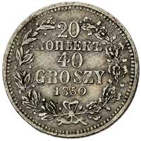 20 kopiejek = 40 groszy 1850, Warszawa, przy podwójnej wstążce jagódki, Plage 396, Bitkin 1263