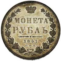 rubel 1851, Petersburg, św. Jerzy w płaszczu, Bitkin 222 R1, drobne ryski w tle, rzadki i bardzo ł..