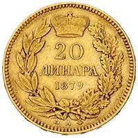 Milan Obrenowicz IV 1868-1889, 20 dinarów1879 A, Paryż, Fr. 3, złoto 6.43 g