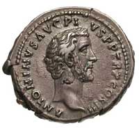 Antonin Pius 138-161 denar, Aw: Popiersie w prawo i napis, Rw: Stojąca Clementia i napis CLEMENTIA..