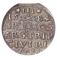 trojak 1584, Ryga, Gerbasevskis 14, moneta w pudełku NGC MS 64, patyna