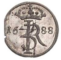 szeląg 1688, Gdańsk, piękne lustro mennicze, moneta bardzo rzadka w tym stanie zachowania, patyna