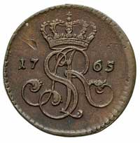 grosz 1765, Warszawa, wieniec bez jagódek, Plage 25, większa średnica monety, patyna