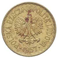 1 złoty 1957, na rewersie wypukły napis PRÓBA, Parchimowicz P-216 b, mosiądz, wybito 100 sztuk