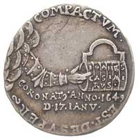 Jan Kazimierz- żeton koronacyjny 1649, Aw: Zbrojna ręka wychodząca z obłoku trzyma herb Wazów zwie..