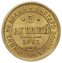 5 rubli 1867, Petersburg, Fr. 163, Bitkin 15, złoto 6.55 g, minimalna wada rantu, bardzo ładne