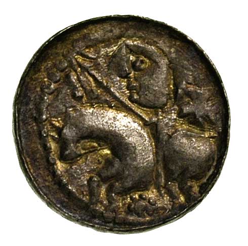 denar książęcy, Aw: Głowa w perełkowej obwóbce w otoku napis BEZLAVS, Rw: Jeździec na koniu, z tyłu krzyż, Stronczyński 33 h, 0.64 g, piękna, wyraźna moneta