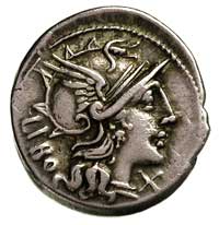 Q. Marcius Libo 148 pne, denar, Aw: Głowa Romy w hełmie, za głową napis LIBO, pod brodą X, Rw: Dio..