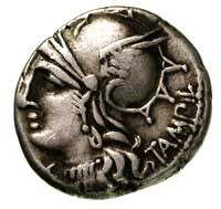 M. Baebius Q.f. Tampilus 137 pne, denar, Aw: Głowa Romy w hełmie, za głową napis TAMPIL, pod brodą..