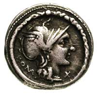 L. Manlius Torquatus 113/112 pne, denar, Aw: Roma w hełmie, za głową napis ROMA, pod brodą X, Rw: ..