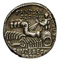M. Aemilius Scaurus i P. Plautius Hypsaeus 58 pne, denar, Aw: Wielbłąd, poniżej klęcząca postać i ..