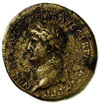 Neron 54-68, sestercja 66 r, Lugdunum, Aw: Głowa Nerona w lewo, w otoku napis, Rw: Siedząca ROMA, ..