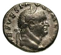 Wespazjan 69-79, denar, Aw: Głowa cesarza w wieńcu laurowym w prawo, Rw: Przybory sakralne i napis..