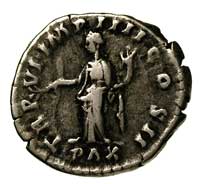 Luciusz Verus 161-169, denar, Aw: Popiersie cesarza w prawo, Rw: Stojąca PAX, RIC 561