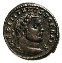 Galeriusz Maksimus 305-311, folis, Ticinium, Aw: Popiersie w prawo, Rw: Stojąca Moneta, w otoku na..