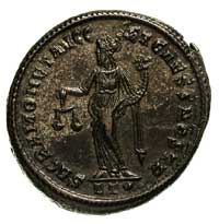 Galeriusz Maksimus 305-311, folis, Ticinium, Aw: Popiersie w prawo, Rw: Stojąca Moneta, w otoku na..