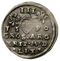 zestaw monet: trojak 1590 (rzadka odmiana z herbem Leliwa pod popiersiem), 1593 (odmiana z herbem ..