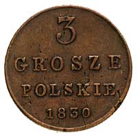 3 grosze polskie 1830, Warszawa, litery K - G pod orłem, Plage 172, Bitkin 1037 (R2), bardzo rzadk..