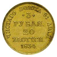 3 ruble = 20 złotych 1834, Warszawa, Plage 298, Bitkin 1124(R2), Fr. 113, złoto 3.92 g, na awersie..