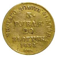 3 ruble = 20 złotych 1834, Petersburg, Plage 299, Bitkin 1075 (R), Fr. 111, złoto 3.86 g, uszkodze..