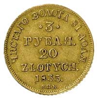 3 ruble = 20 złotych 1835, Petersburg, Plage 301, Bitkin 1076 (R), Fr. 111, złoto 3.91 g, drobne r..