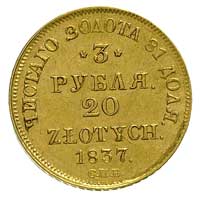 3 ruble = 20 złotych 1837, Petersburg, Plage 305, Bitkin 1078 (R), Fr. 111, złoto 3.90 g