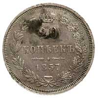 20 kopiejek 1857, Warszawa, Plage 456, Bitkin 286 (R1), ładna i rzadka moneta, patyna