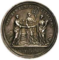 August III - pokój drezdeński, 1745, medal autorstwa Vestnera, Aw: Na postumentach popiersia Augus..