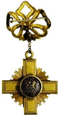 nierozpoznany krzyż masoński 2 połowa XIX wieku, brąz złocony ogniowo, centralnie na stronie główn..