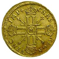 louis d’or 1701 / M Tuluza, Aw: Głowa i napis wokoło, Rw: Krzyż równoramienny z koronami nad każdy..