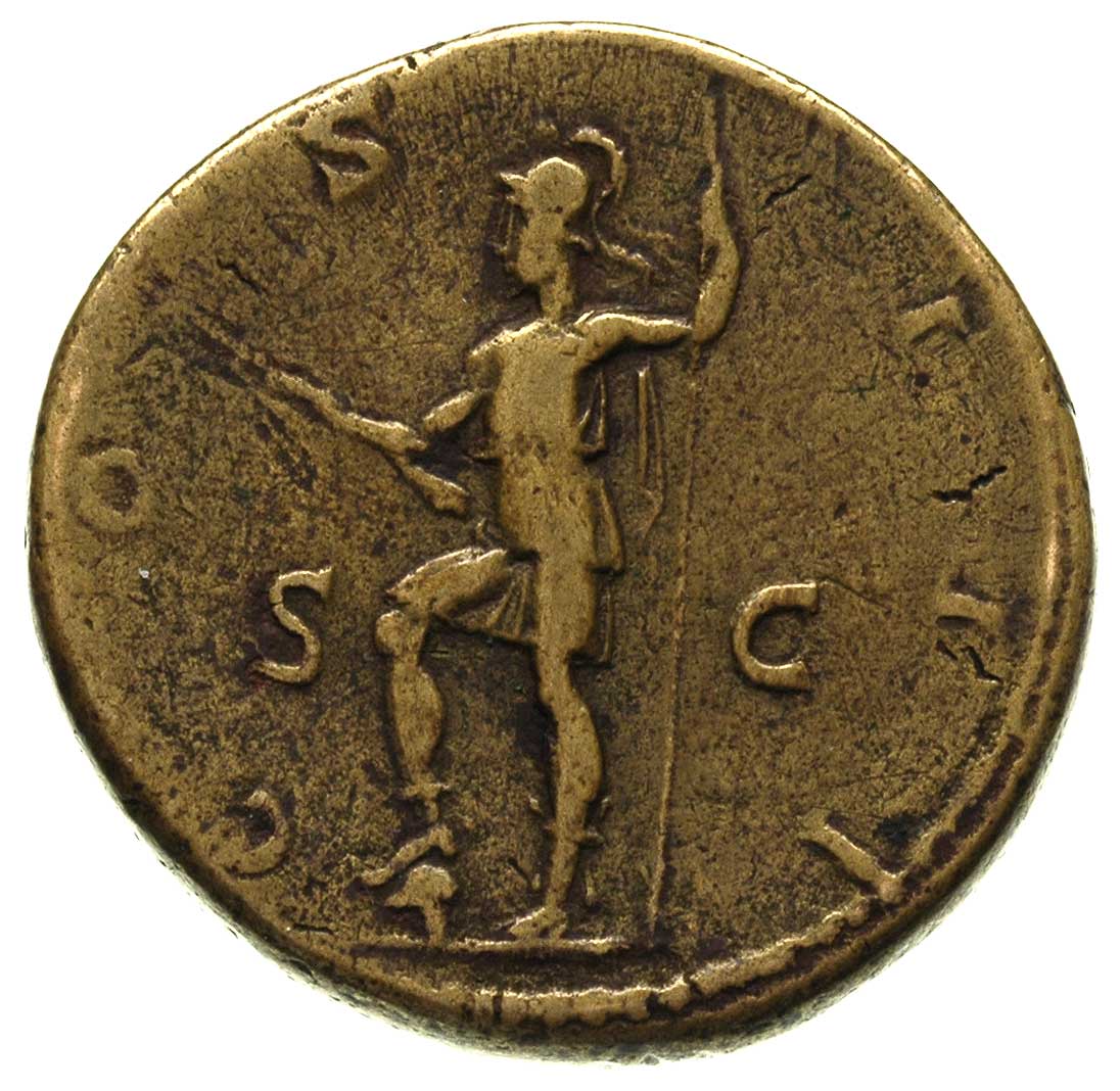 Hadrian 117-138, sestercja, Aw: Popiersie w prawo, Rw: Stojący Virtus w lewo, prawą nogą depczący hełm, Sear 3587, RIC 638