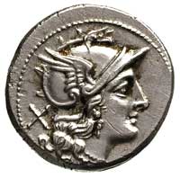 anonim po 211 pne, denar, Rzym, Aw: Głowa Romy w hełmie w prawo, za głową X, Rw: Dioskurowie w pra..