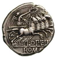 L. Opimius 131 pne, denar, Rzym, Aw: Głowa Romy w hełmie w prawo, pod brodą X, za głową wieniec, R..