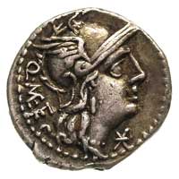 Q. Metellus 130 pne, denar, Rzym, Aw: Głowa Romy w hełmie w prawo, pod brodą X, za głową napis w l..