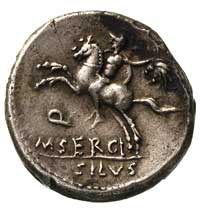 M. Sergius Silus 116/115 pne, denar, Rzym, Aw: Głowa Romy w hełmie w prawo, przed głową napis EX ...