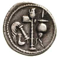 Juliusz Cezar, 49-48 pne, denar, Aw: Przybory sakralne Pontifeksa, Rw: Słoń tratujący smoka w praw..