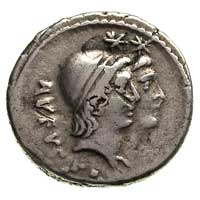 Mn Cordius Rufus, 49 pne, denar, Rzym, Aw: Głowy dwóch Dioskurów w prawo, z tyłu napis RVFVS IIIVI..