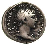 Trajan 98-117, denar, Aw: Głowa cesarza w wieńcu laurowym w prawo, w otoku napis, Rw: Stojąca Aequ..