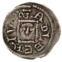 Bolesław Kędzierzawy 1146-1173, denar, Aw: Książę na tronie z mieczem na kolanach, napis w otoku B..