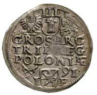 trojak 1591, Poznań, mała głowa króla, na awersi