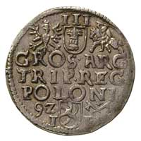 trojak 1592, Poznań, mała głowa króla, na rewersie napis POLONI