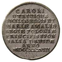 dwugrosz zaślubinowy 1738, Drezno, Aw: Napisy, Rw: Dwa serca, Merseb. 1827, moneta wybita z okazji..